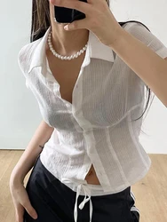 Summer casual Y2K shirt white jacquard knit thin sexy semi transparent top basic shirt button style collar short sleeved T-shirt