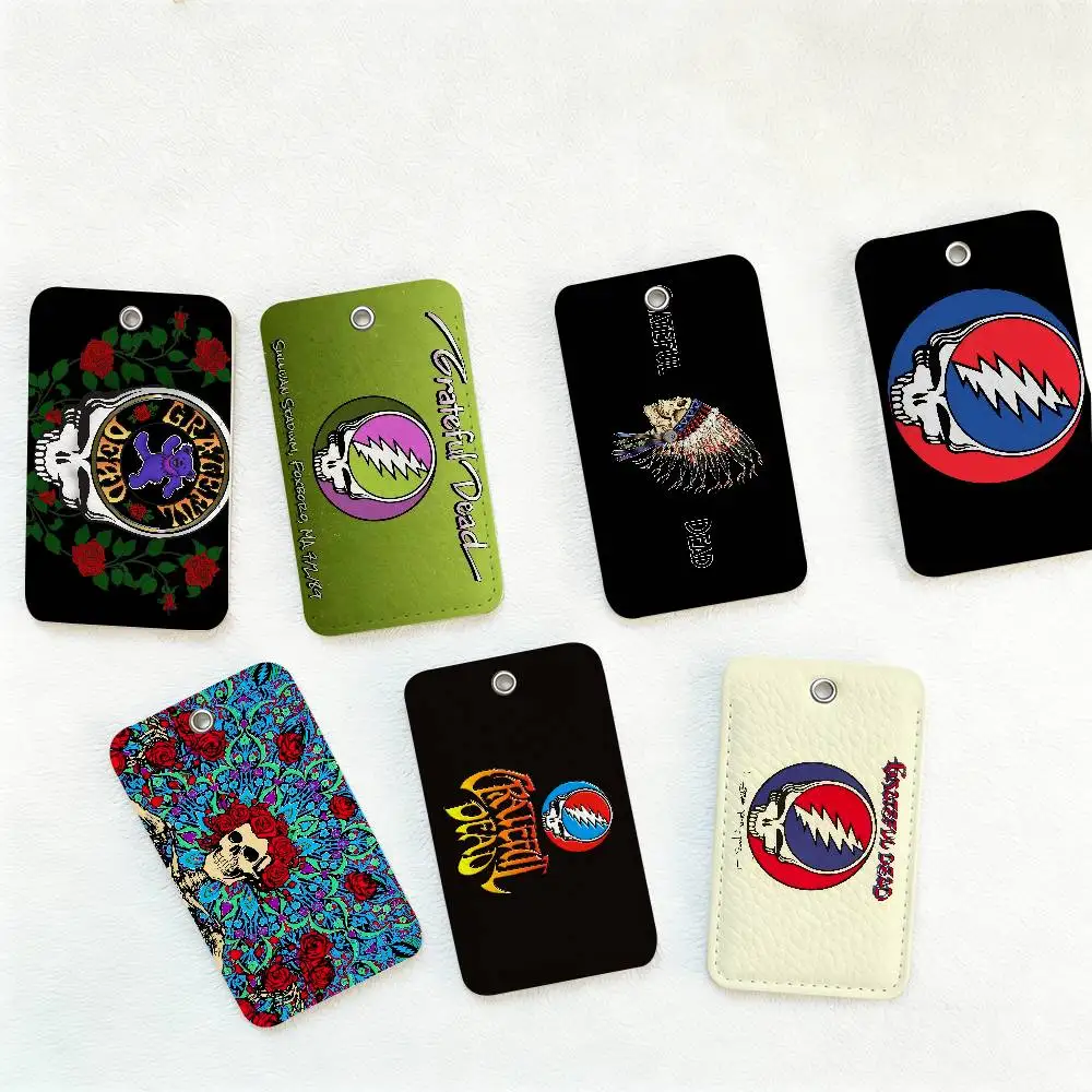 G-Grateful D-Dead Rectangle ID Card Case Keychain Access Card Bag Key Tag Ring Leather Card Holder Key Ring Access
