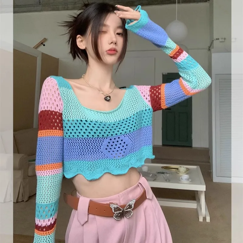 

Dopamine Wearing Colorful Stripe Hollow Horn Long sleeved Ice Silk Sunscreen Knitwear Cool Short Open Navel Top