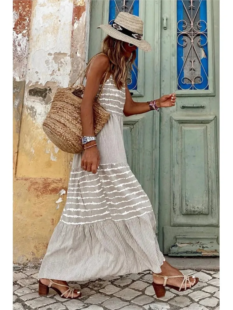 Summer Fashion Long Dress Women Boho Round Neck Sling Dresses Striped Sleeveless Loose Streetwear Print Loose Casual Vestidos