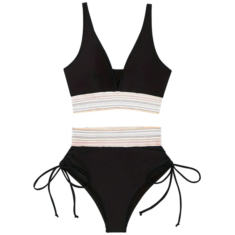 European American Women Sexy V-neck High Waist Bikini Set Summer Strap-up Split Swimming Swimsuit Seaside Vacation Two-piece Set