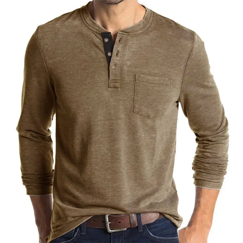 Men's Henley Collar Long Sleeved T-shirts Solid Casual Top Single Breasted Pocket TShirt Soft Comfy Bottoming Shirt for Autumn