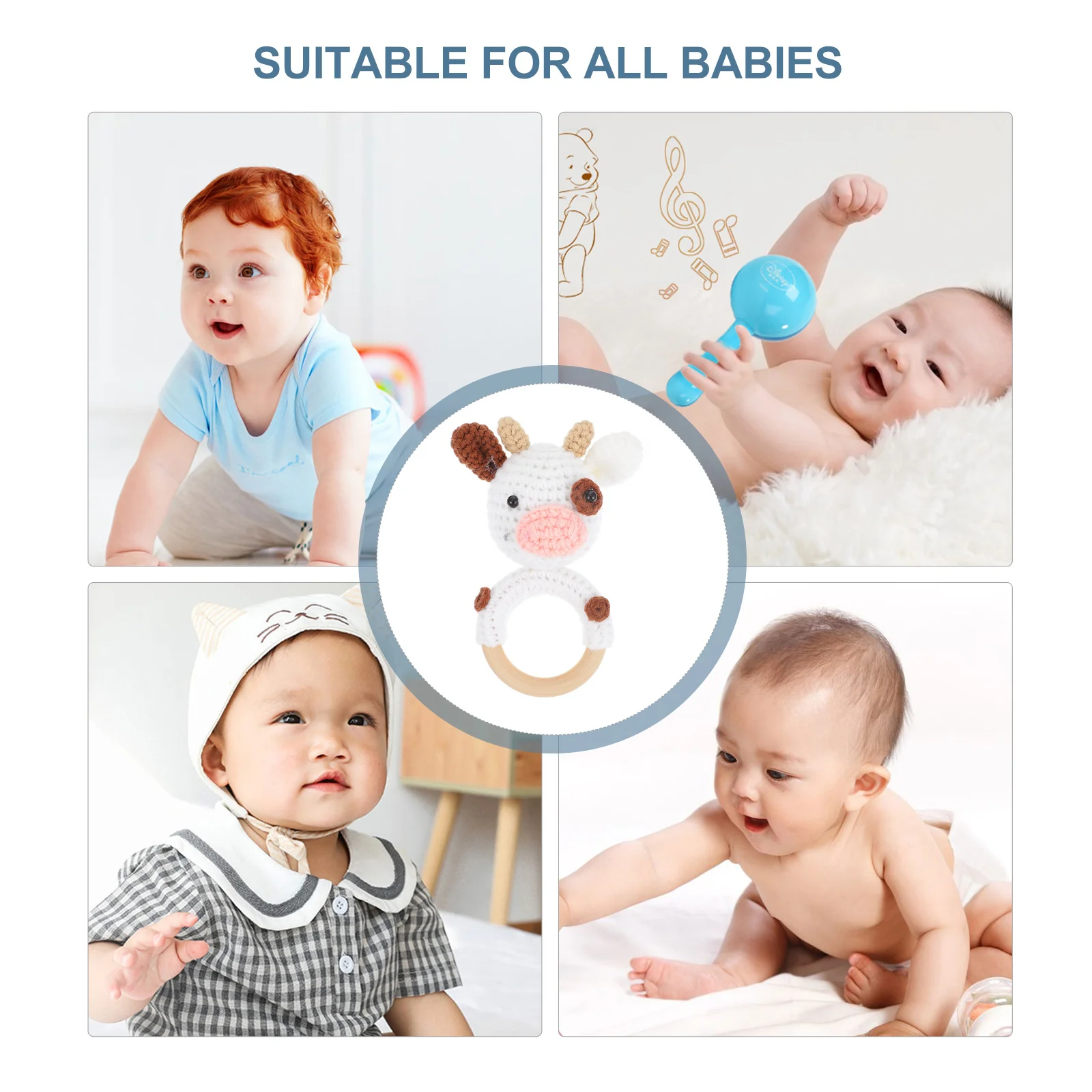 Drewniany gryzak montowany na wysokiej jakości kółku, tkany wzór, delikatny dźwięk do zabawy sensorycznej niemowląt.