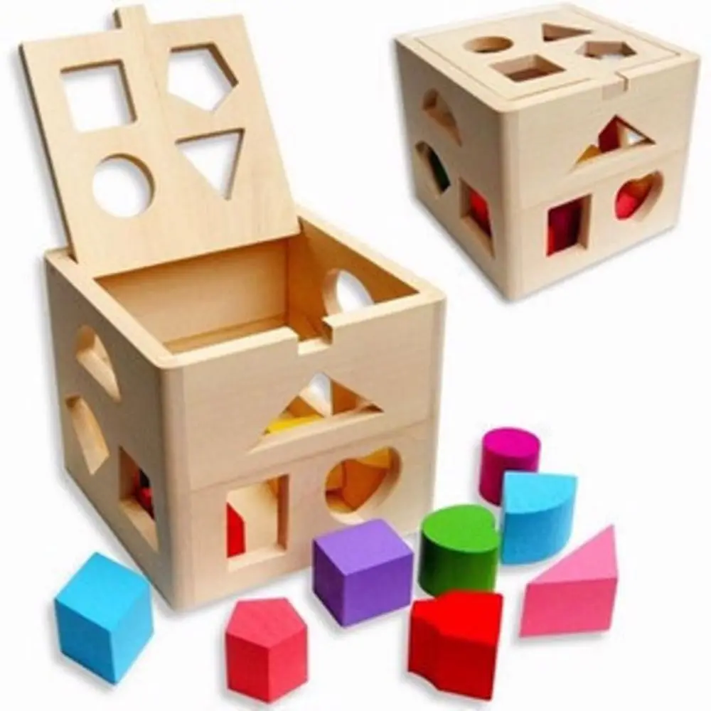 Hölzerner Montessori-Formsortierer, quadratische Box, buntes Formsortierspielzeug, kognitive Entwicklung, mathematische Formen