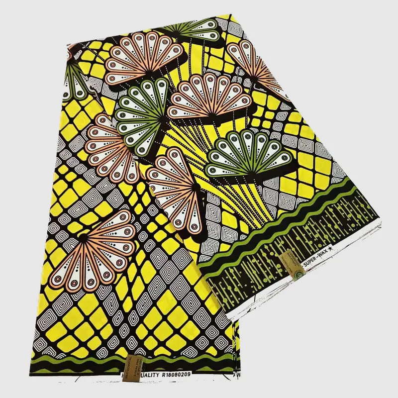 

Желтая восковая ткань с геометрическим принтом, хлопковая ткань в африканском стиле батик для шитья одежды, диван, скатерть, ширина 115 см, длина 6 ярдов, R853