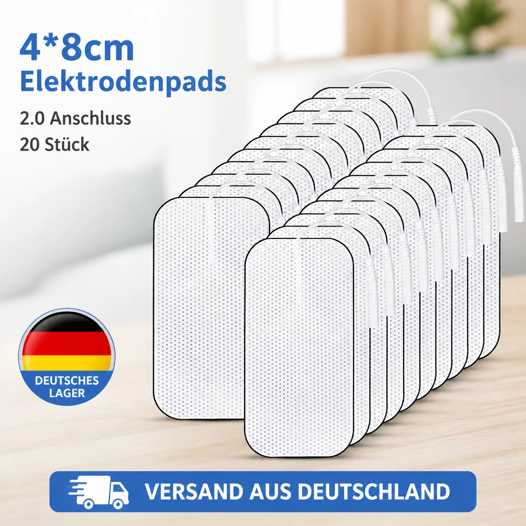 20 coussinets d'électrodes auto-adhésifs pour appareil TENS, électrodes réutilisables de 40 x 80 mm avec connexion à prise de 2 mm pour électrothérapie musculaire, coussinets de remplacement compatibles avec les appareils TENS et les stimulateurs EMS