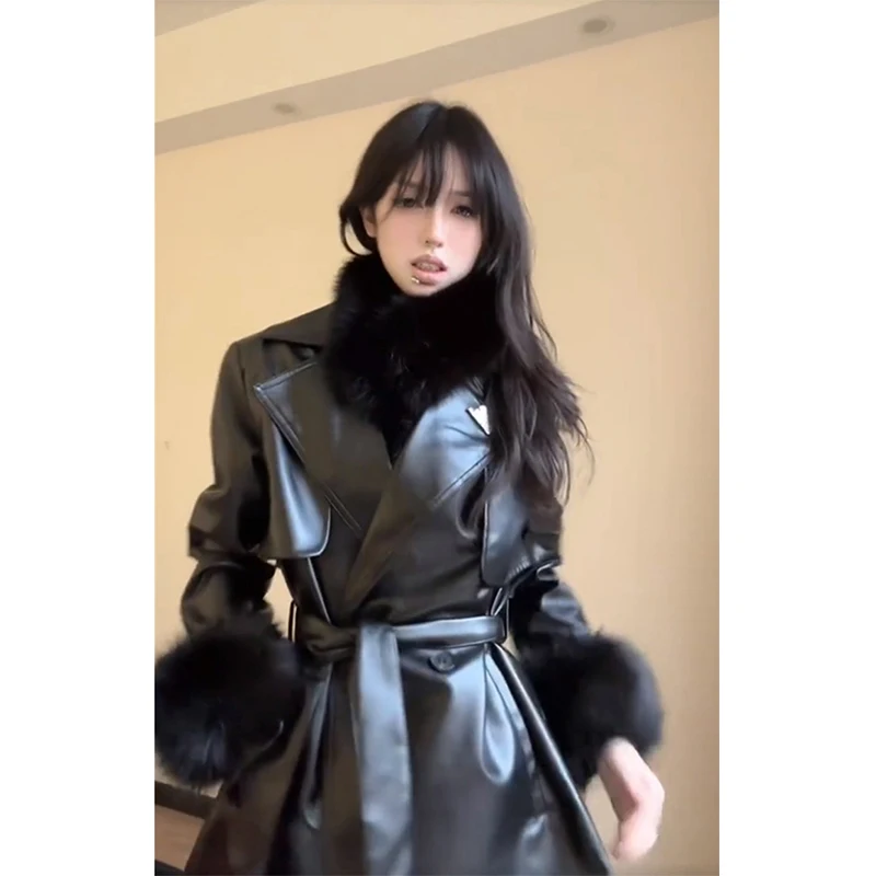 ヴィンテージ Pu レザージャケット女性フェイクファーパッチワーク黒コート冬原宿ストリートベルト付き長袖アウターウェア新しい