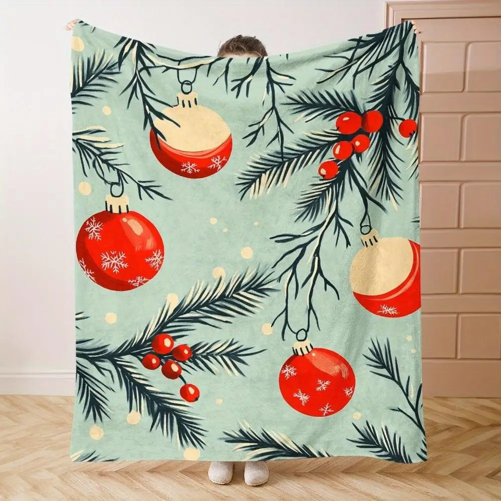 1pc Christmas ball and pine branch pattern blanket, polyester fabric, machine washable, suitable for bedroom and living room