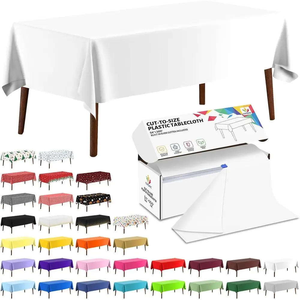 

54 White Disposable Plastic Tablecloth Roll, 300ft x 54, for Picnics, Parties, Weddings, with Built-in Cutter