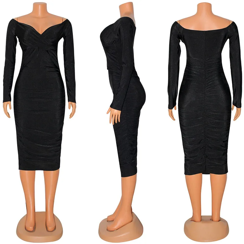 Robe mi-longue froncée, Sexy, épaules dénudées, moulante, élégante, soirée, Club, manches longues, col en v, robes de bal d'anniversaire