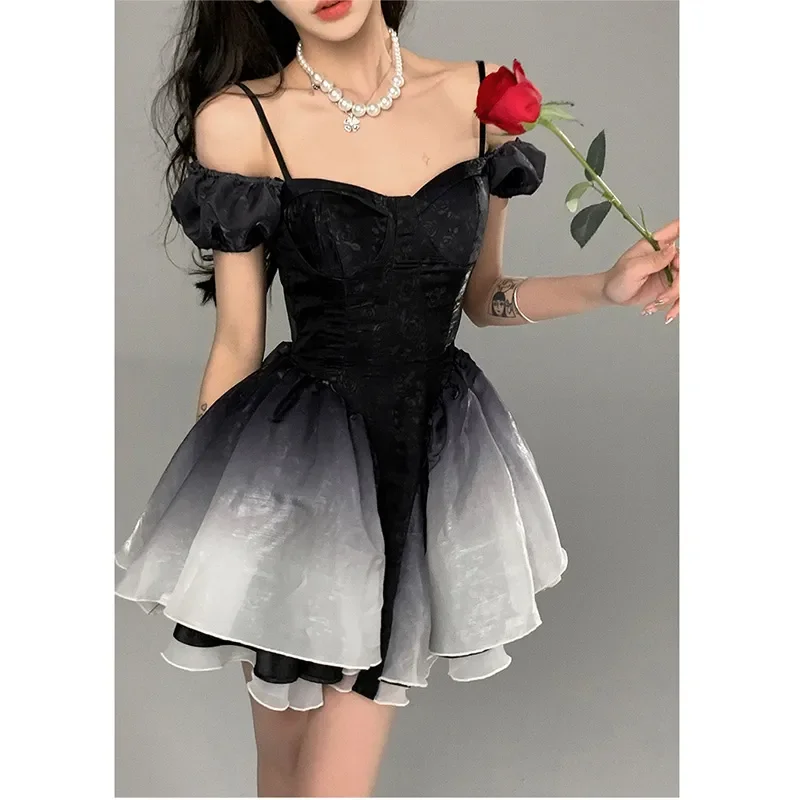 

Black Elegant Party Mini Dress Women Princess Dresses Female Bow France Vintage Backless Puff Sleeve Summer 2023 Dress Female