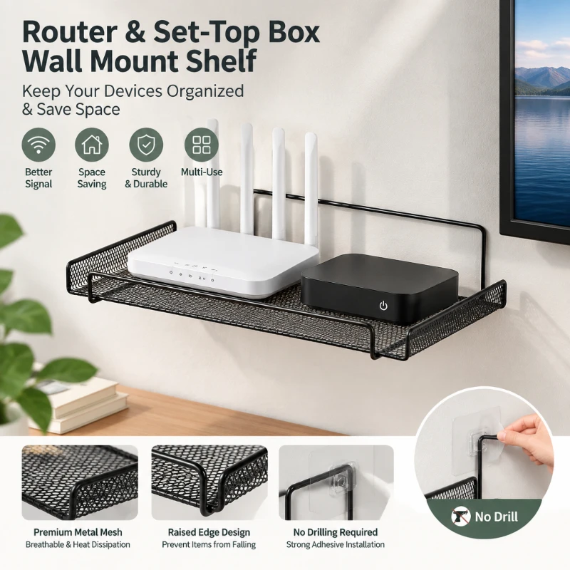 Wall-mounted Wifi Router Storage Placing Rack with Adhesive Hooks TV Set-top Box Shelf Projector Wall Support Basket At Home