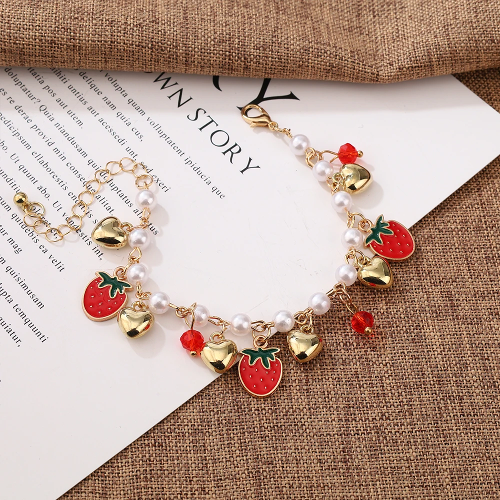 

Милый милый красный браслет с клубникой и вишней в форме сердца и жемчуга, новая мода Y2K, цепочка с фруктами золотого цвета, подарки на вечеринку