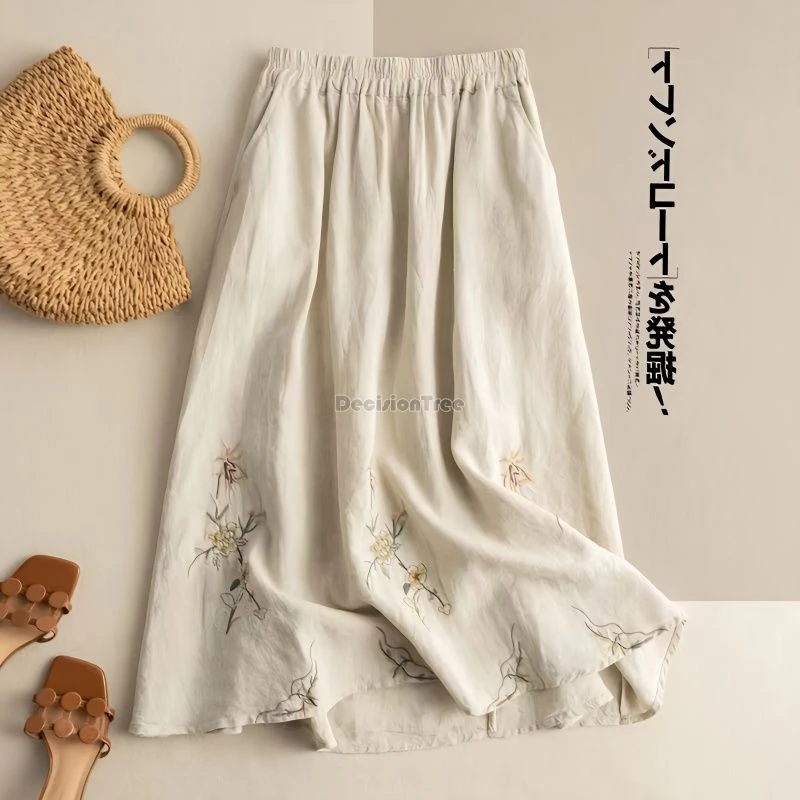 2024 chinese retro mid-length pure cotton women's half skirt loose embroidery national style new a-line elastic waist skirt w334