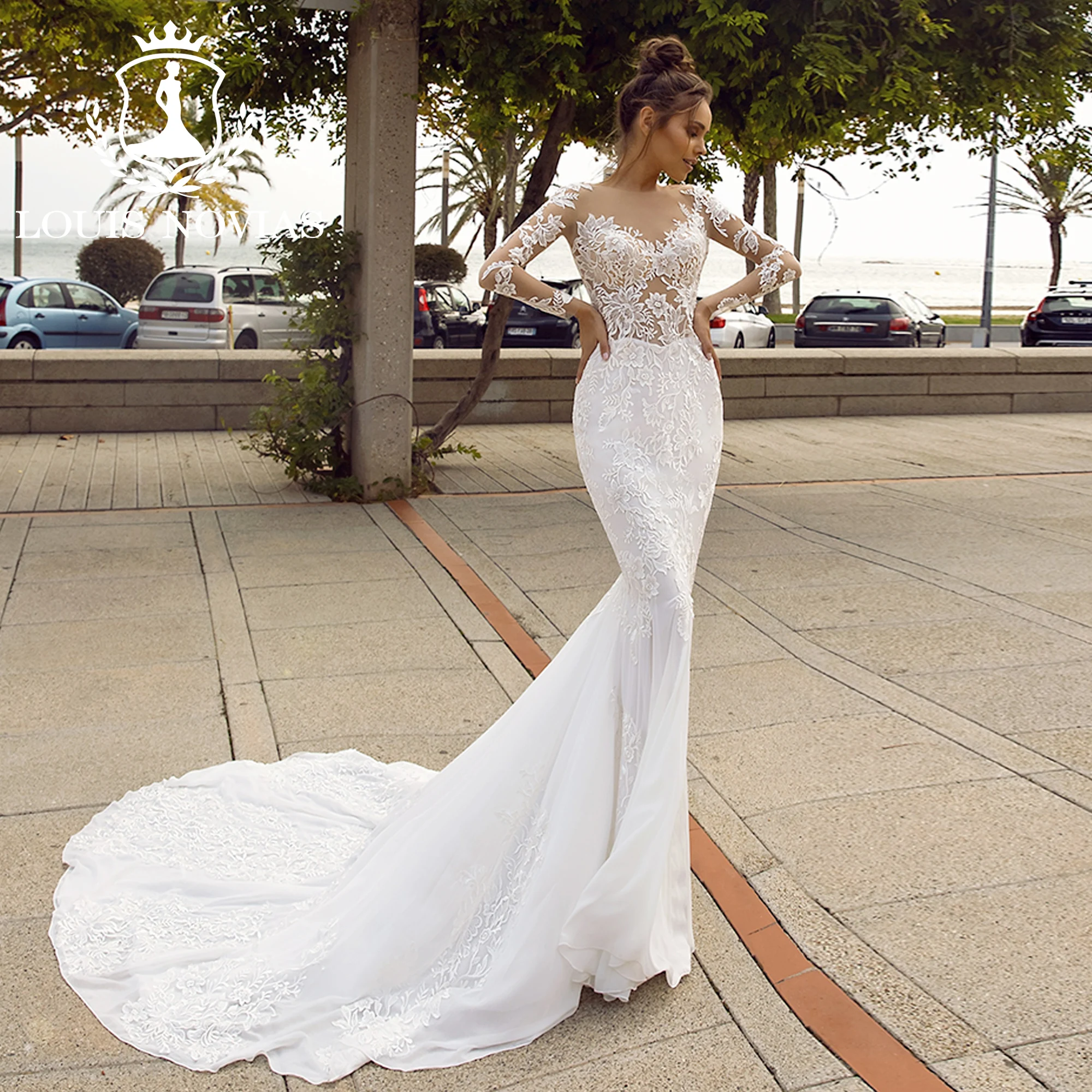 

LOUIS NOVIAS свадебное платье русалки с длинными рукавами, сексуальное винтажное свадебное платье с иллюзией в форме сердца и аппликацией на пуговицах, Vestidos De Novia