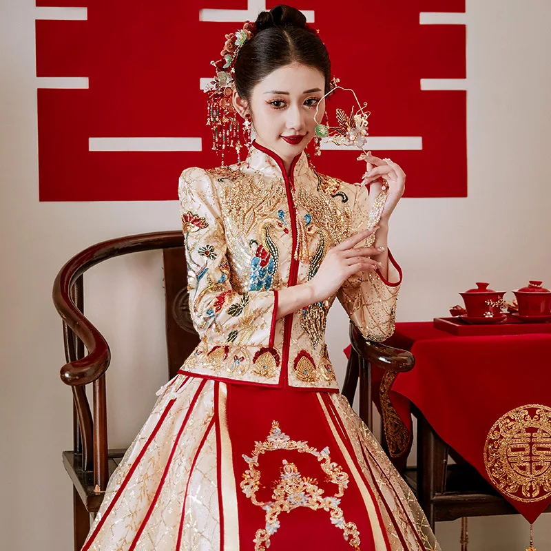 Elegant High End Luxury XiuHe Wedding Suit Chinese Style Dragon Phoenix Banquet Gown Vintage Embroidered Cheongsam HanFu Dress