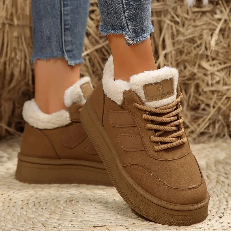 Women's Ankle Snow Boots Fur Suede Short Plush Platform Shoes Winter Casual Walking Sports Flats Comfortable Cotton Botas Mujer