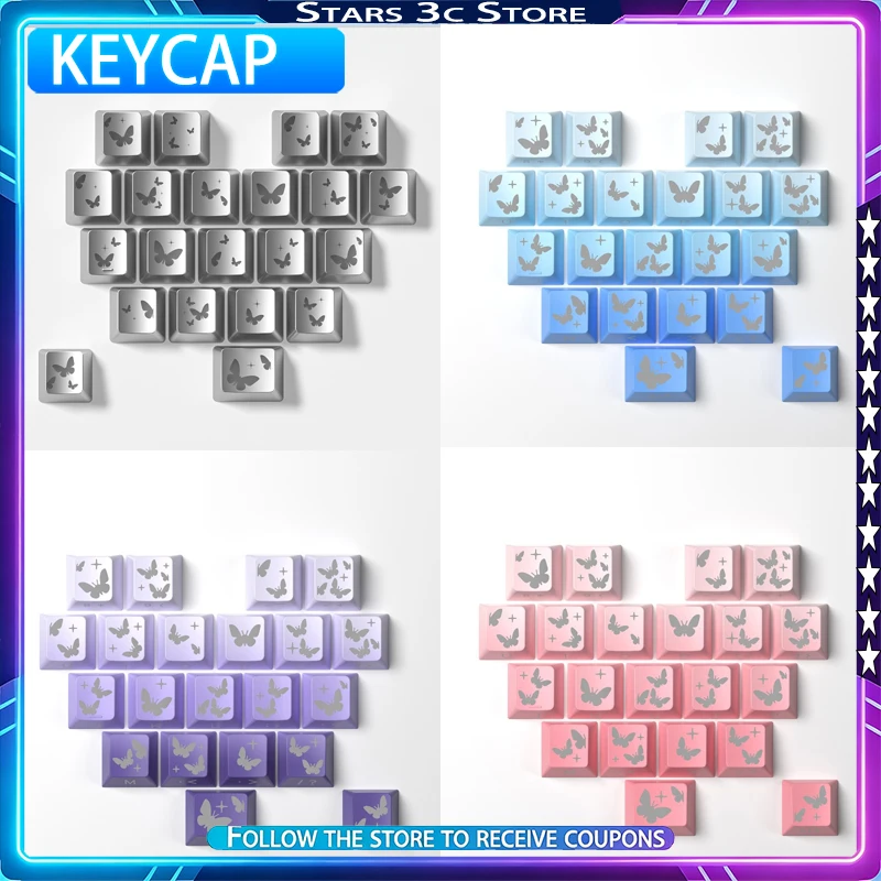 

21 клавишный набор силиконовых кейкапов в форме бабочки и сердца из ПК-материала, стильные персонализированные кейкапы для механических клавиатур