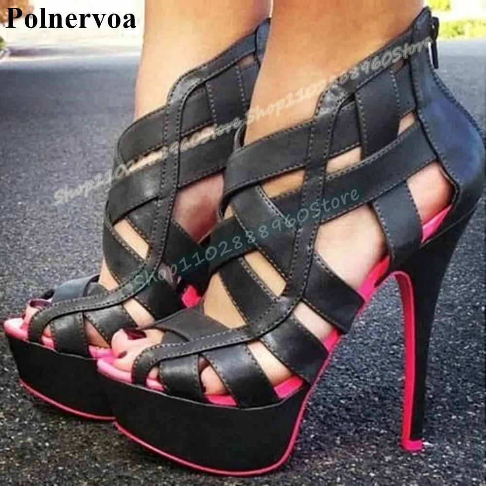

Black Cross Strap Pink Sole Platform Sandals Stilettos High Heel Shoes For Women Back Zipper Peep Toe Casual Party Sandals