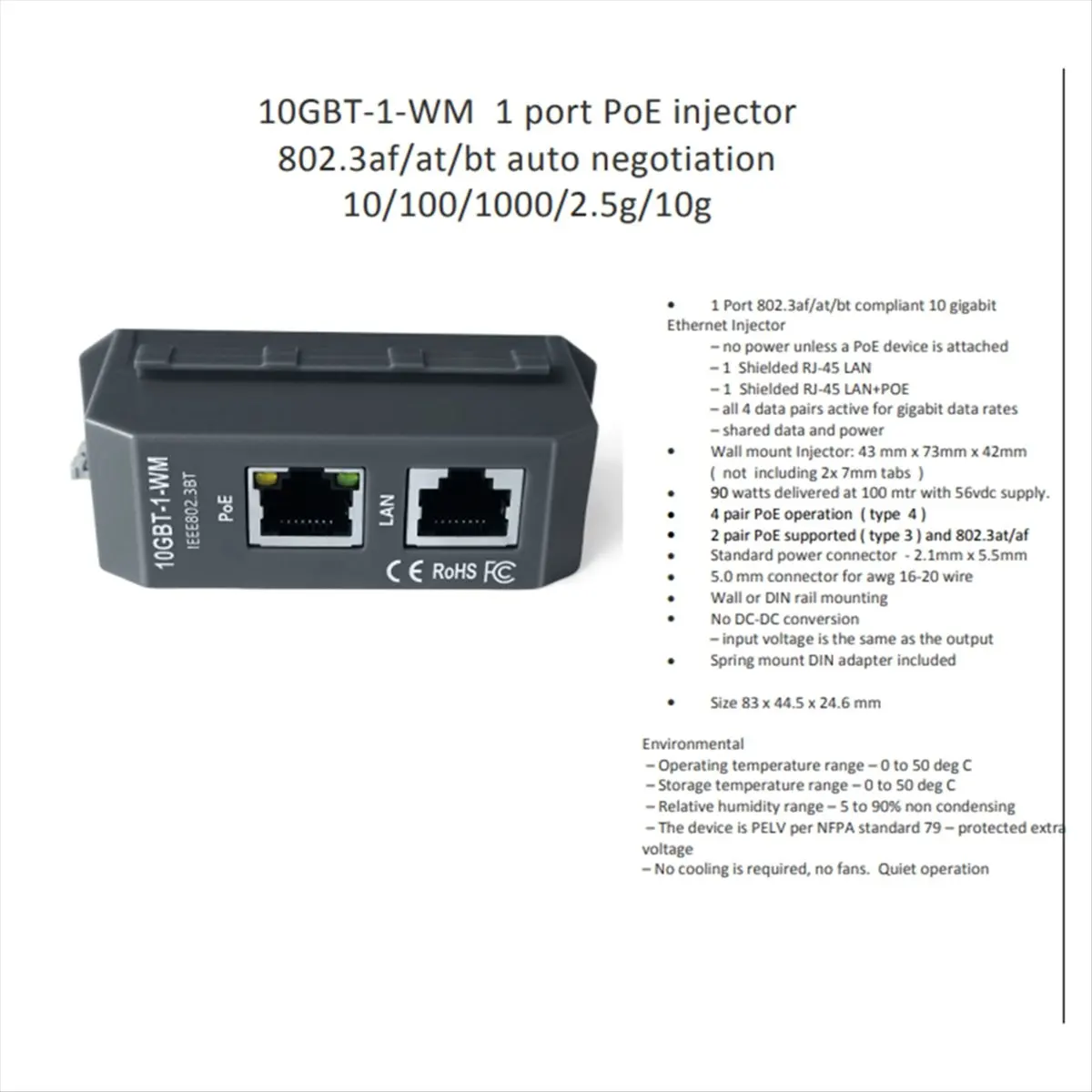 IEEE 802.3af/At/Bt 4 Pair Active PoE Injector 2.5G/5G/10G High-Speed PoE++ 90W Max Outut for HD IP Cameras DIN Rail