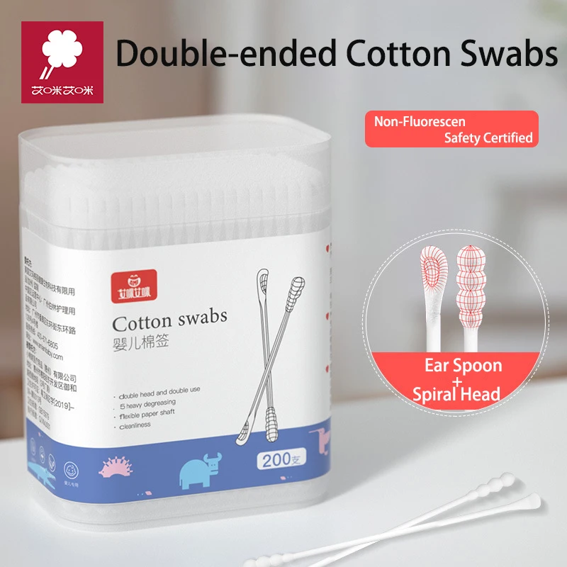 200개/박스 면봉 이중 헤드 종이 막대 귀 청소용 스파이럴 물방울 디자인 면봉 귀 코 청소용 메이크업 클리닝용