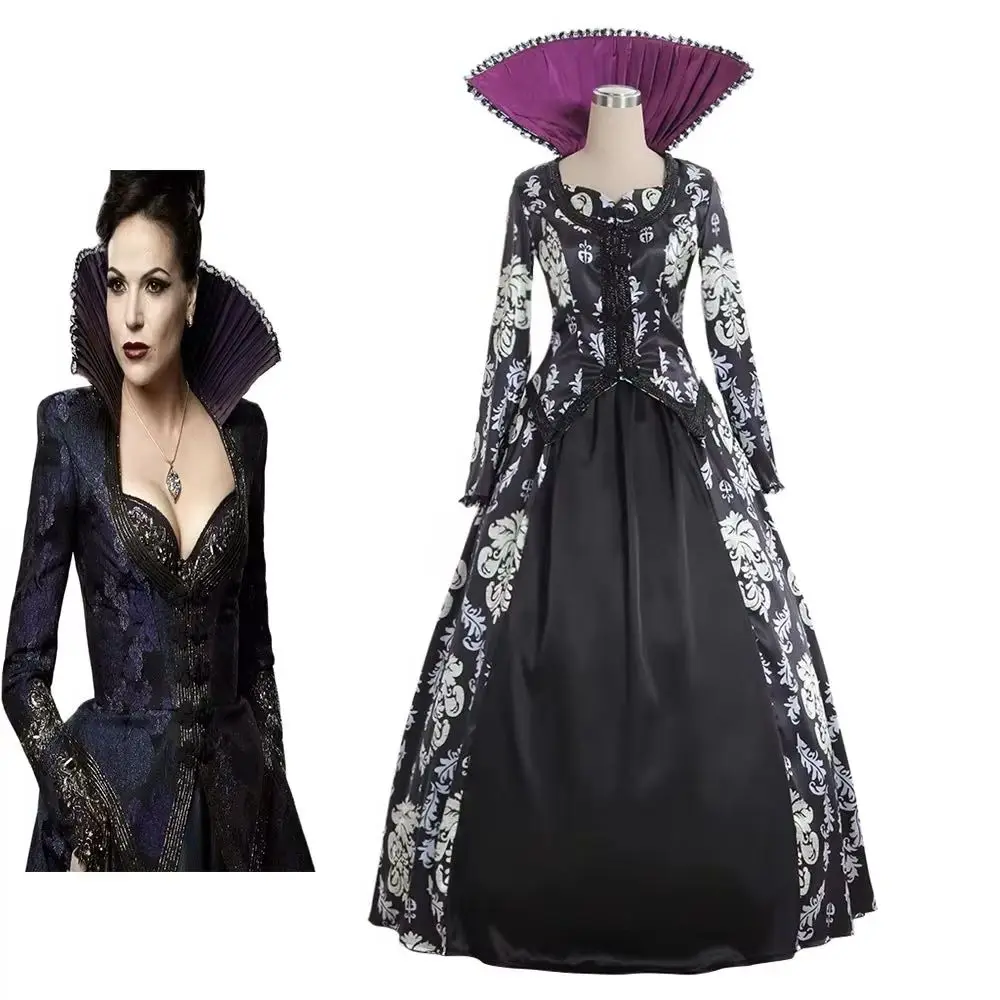 

Anime Character Regina Mills Cosplay Costume Adult Women Black Printed Top Skirt Suits Halloween Carnival Party Ball Gown