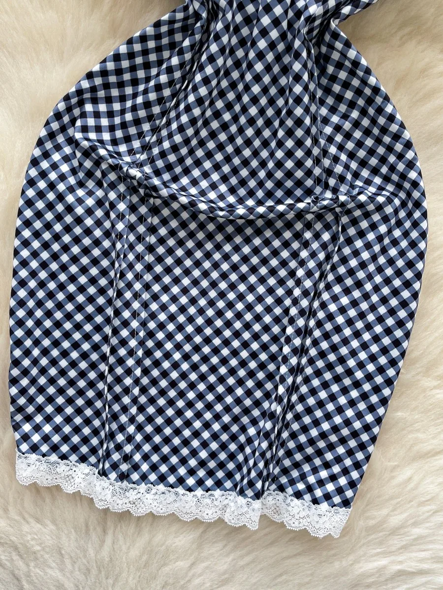 Foamlina moda Pure Desire vestido con cuello en V mujeres 2025 verano encaje Patchwork Halter Correa ceñido al cuerpo Mini vestido a cuadros