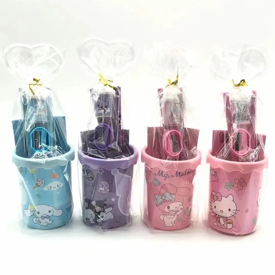 7Pcs/Lot Sanrio Mymelody Kuromi Cinnamoroll Kawaii Pen holder pencil eraser school start prizes portable stationery set gift box