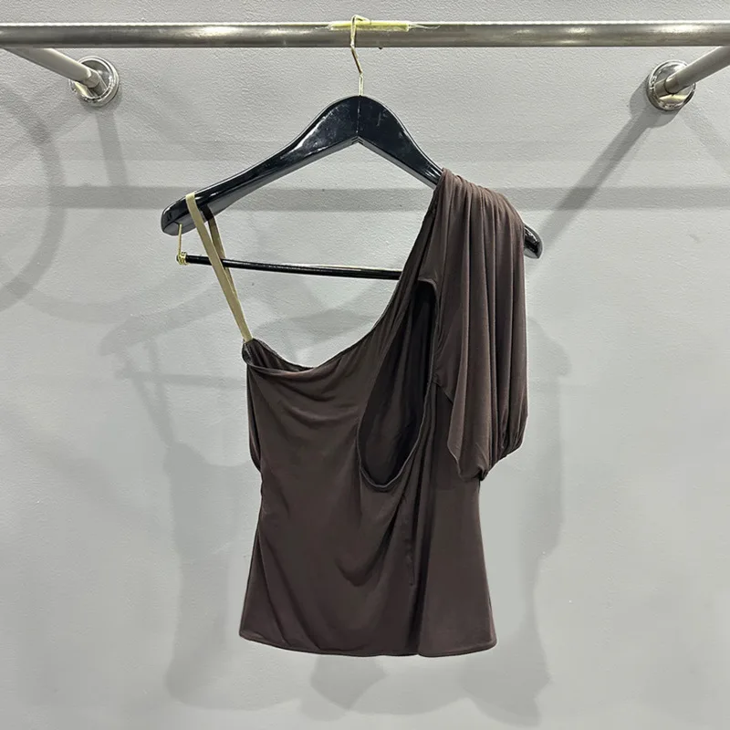 HKSH Women Chic Sexy Vest Dark Style Asymmetric Off-Shoulder Pleated Backless Slim Fit Y2K Trend Ins Tank Top New Summer HK20357