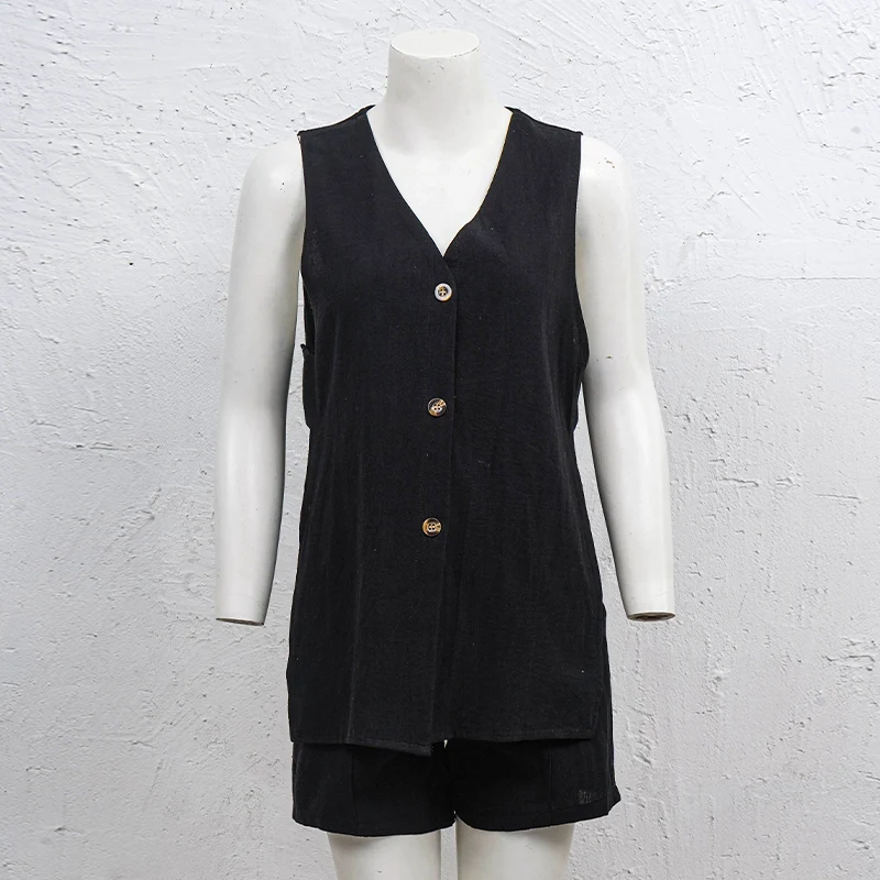 2026 New 100% Cotton Women Suits 2 Pieces Sets V Neck Sleeveless Buttons Vest Blazer+High Waist Shorts Lady Office Tracksuit