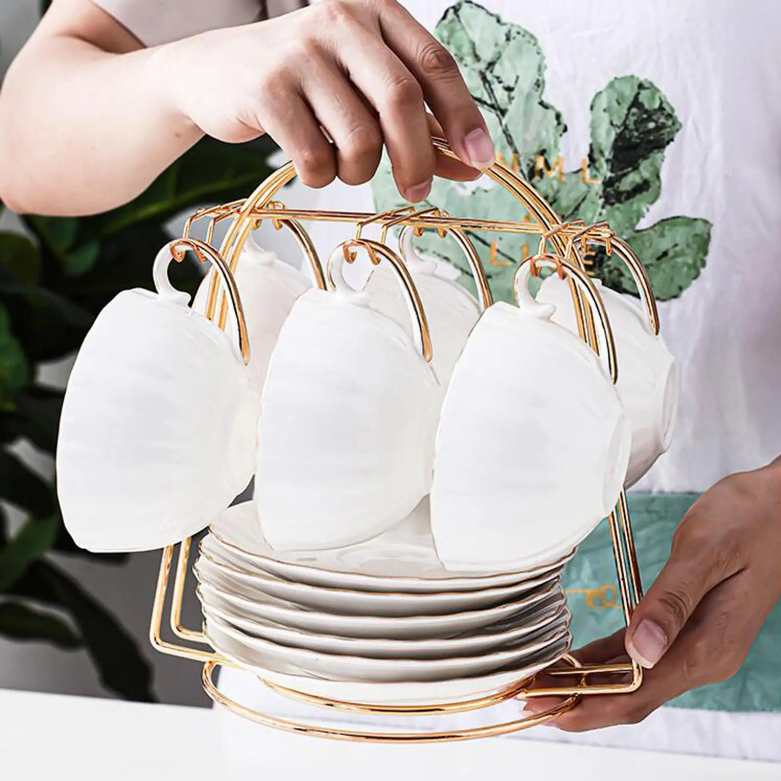 Portable Tea Cup and Saucer Display Rack Water Drainer with Hook Mug Hanger Cup Rack for Bottle Countertop Decor Storage Stand