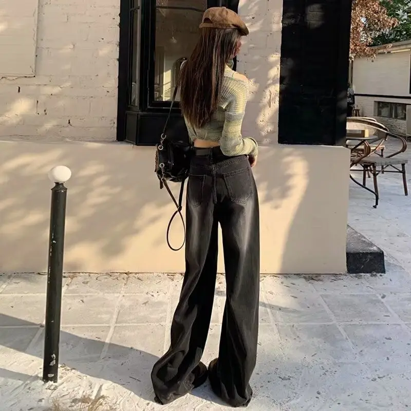 

High Waist Wide Leg Denim Jeans Women's Summer Washed Vintage American Style Simple High-End Feeling Floor-Length Pants
