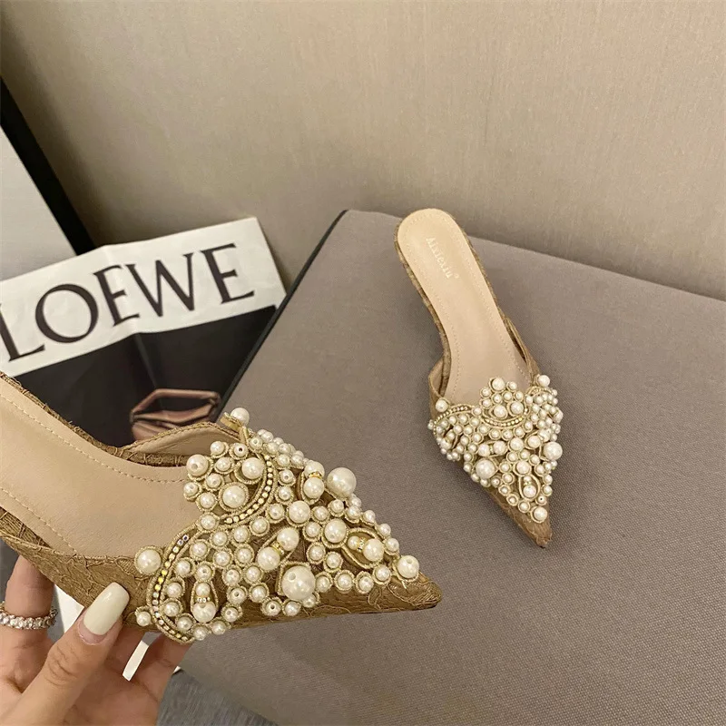 2024 New Slippers Fashion Pointy Head Pearl Half Slippers Fine Heeled Sandals Women\'s Shoes 42 Yards Middle Heeled Mules Shoes