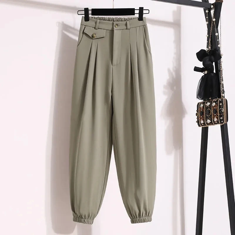 Ice silk beam feet suit pants 2022 summer women's simple new drapey skin-covering thin pants overalls loose lantern Harlan beam