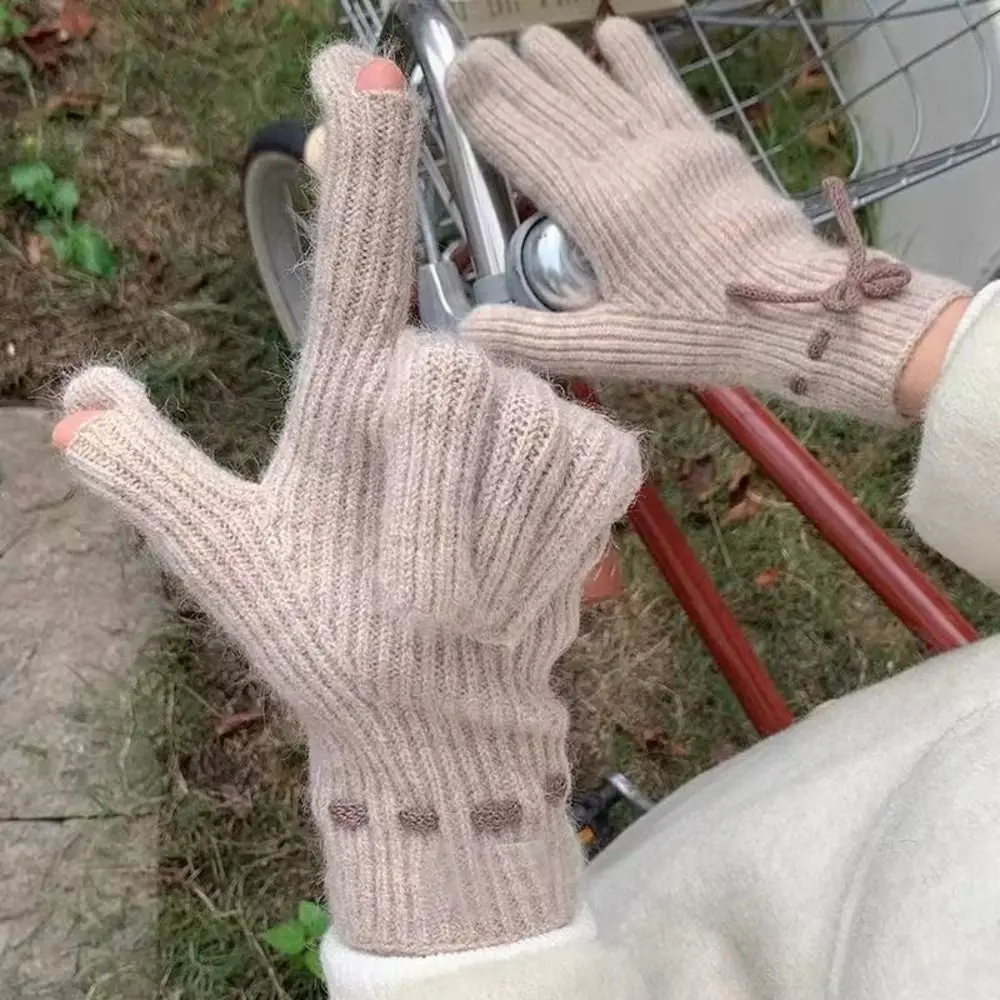 Comfortable Knitted Texture Wool bow knit gloves Solid Color Windproof Touch Screen Gloves Thermal Riding Gloves Outdoor Sports