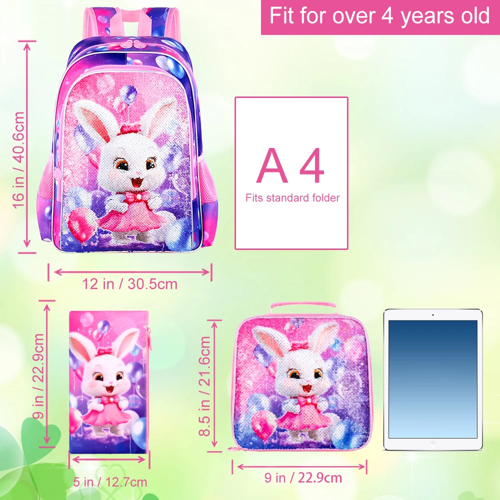 3PCS Ergonomic Girls Kids Backpack Set, Handbag & Pen Pouch, Lightweight Spacious Bookbag for Elementary School