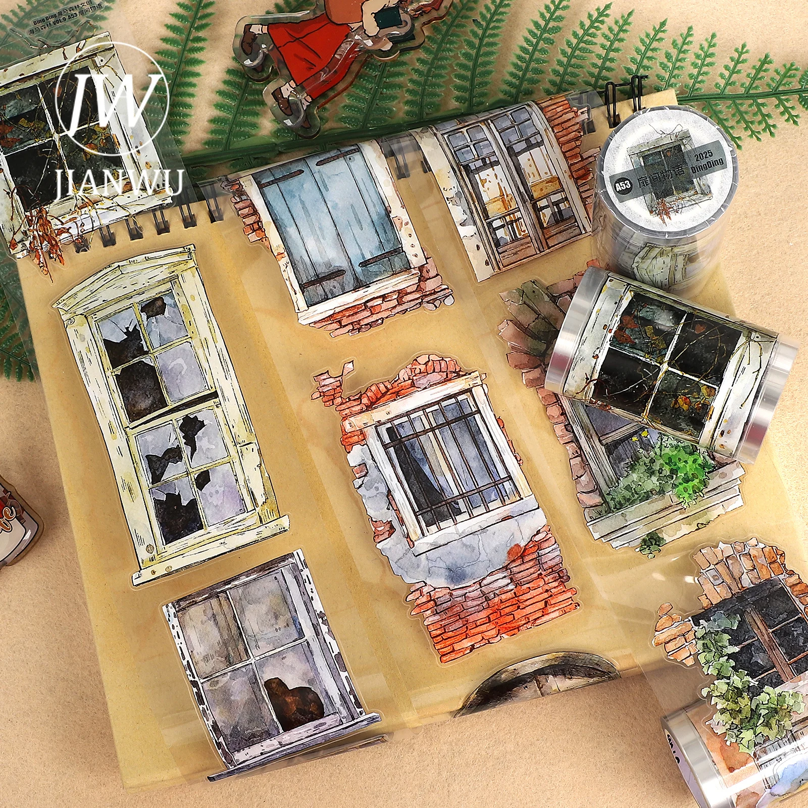 JIANWU 65mm*5m Vintage Window Landscape Material Collage Scrapbook PET Tape Creative DIY Journal Stationery