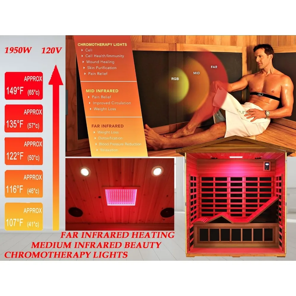 Sauna extérieur infrarouge lointain rouge 93.Ultra faible EMF, 3 hypothèques avec siège ergonomique, lampe beauté mi-IR, 1950 W, 7 infrarouge carbone