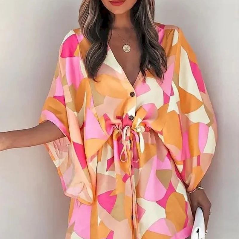 Fashion V-neck Flared Sleeve Bikini Cover-Ups for Woman Swimsuit Cover Up Dress 2023 New Lace Up Holiday Beach Tunic Beach Dress