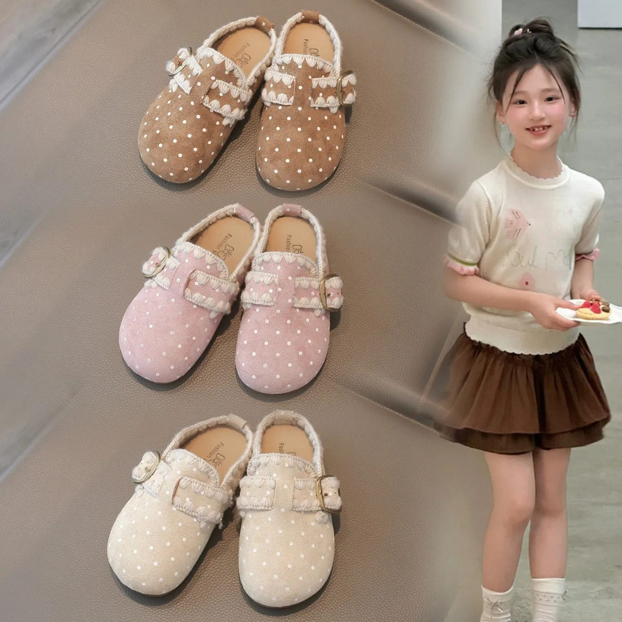 Kids Polka Dot Clog Mules, Fringe Buckle Slip On Shoes, Comfort Flat Non Slip Slippers for Toddler Girls Daily Outdoor Wear