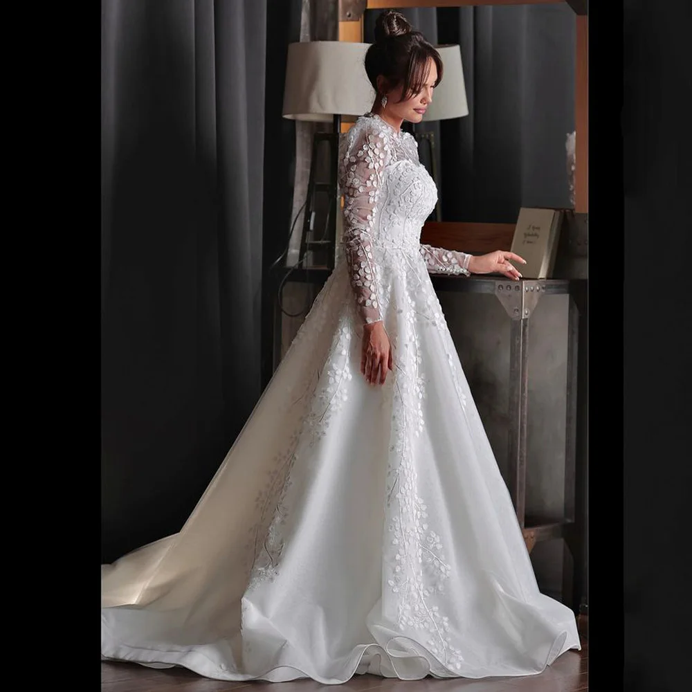 Yipeisha ערב ערבית שמלות כלה גבוהה צוואר ארוך שרוולים שקופים עדין תחרה לטאטא רכבת קו כלה שמלה חלוק Mariee