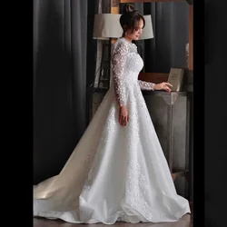 Yipeisha Saudi Arabic Wedding Dress High Neck Long Sleeves See-through Delicate Lace Sweep Train A Line Bridal Gown Robe Mariee
