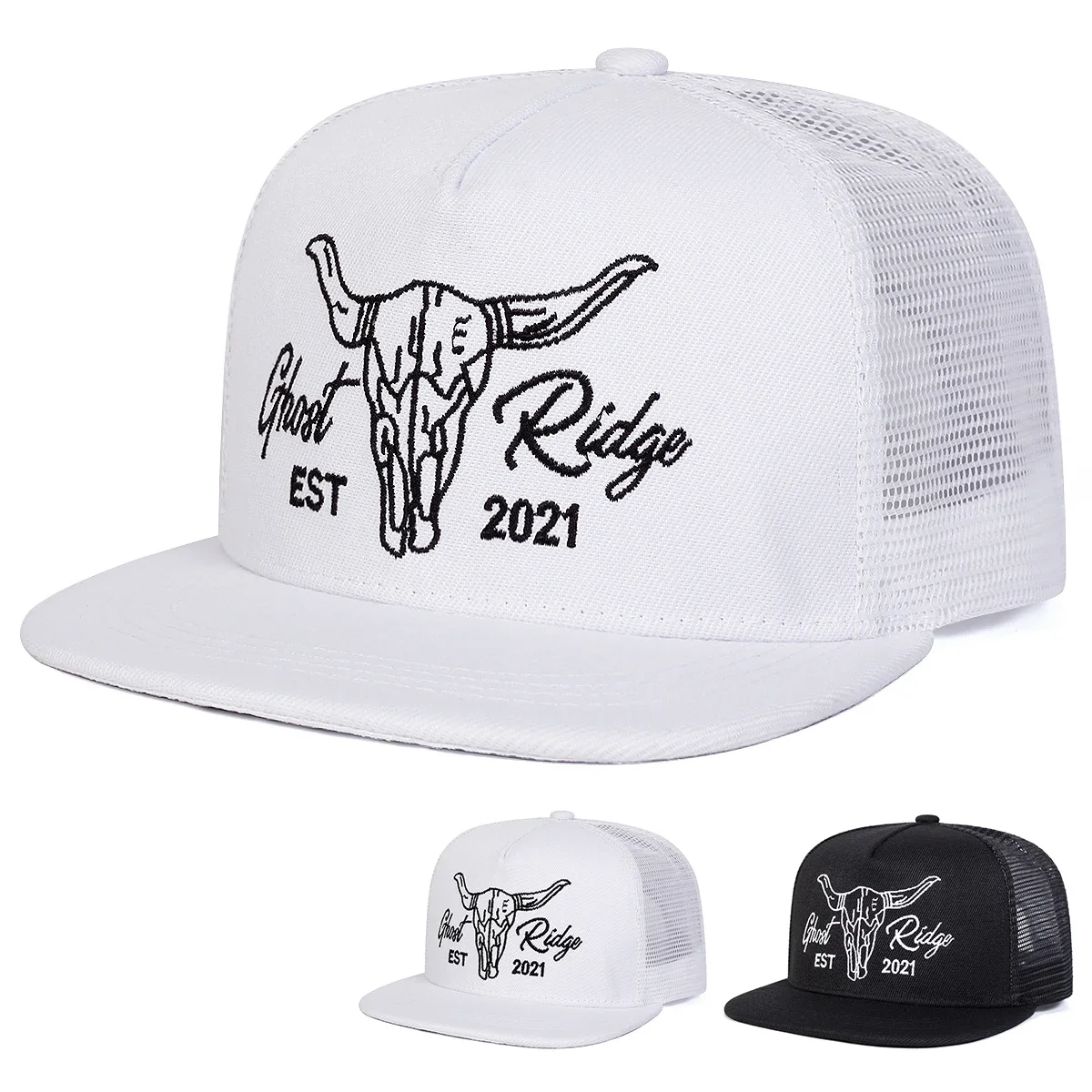 Unisex Hip-Hop-Netzhüte mit Ochsenkopf-Stickerei, Frühling, Sommer, Outdoor, verstellbare, lässige Baseballkappen, Trucker-Kappen, Sonnenschutzhut