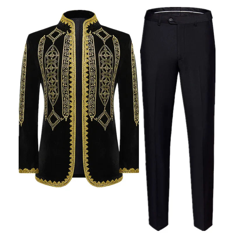 

High-end Men Palace Banquet Banquet Suit 2 Piece Classic Black Standing Collar Embroidered Luxury Blazers Jacket and Trousers