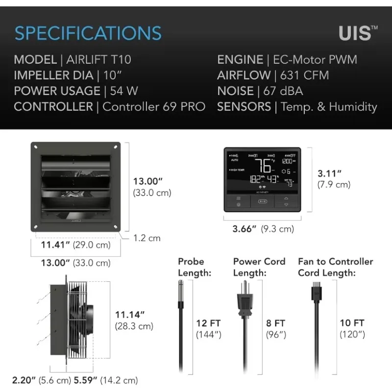 AC Infinity AIRLIFT T10, พัดลมดูดอากาศชัตเตอร์ 10 "พร้อม WiFi อุณหภูมิความชื้น Controller, EC-Motor Wall Mount ระบายอากาศ