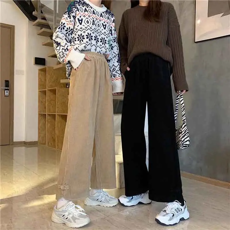 Zoki Autumn Women Wide Leg Pants High Waist Korean Winter Thick Warm Casual Trousers Loose Solid Preppy All Match Straight Pants