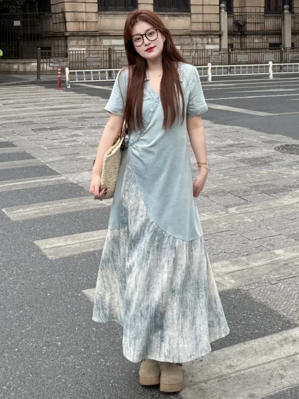 

plus Size Chinese Style Splashed Ink Print Splice Summer New V-Neck Short Sleeve Long Dress Women's Fashion A-Line Maxi Dress