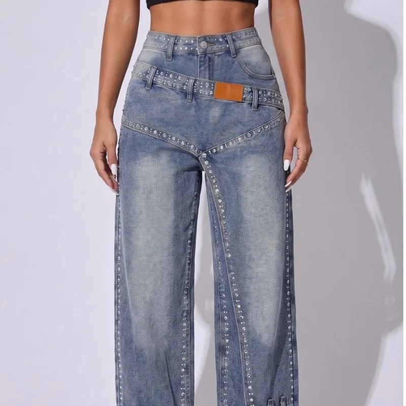 New Hot Rhinestone Wide Leg Floor Jeans Women European American High Waist Gradient Wash Split Design Loose Denim Trousers