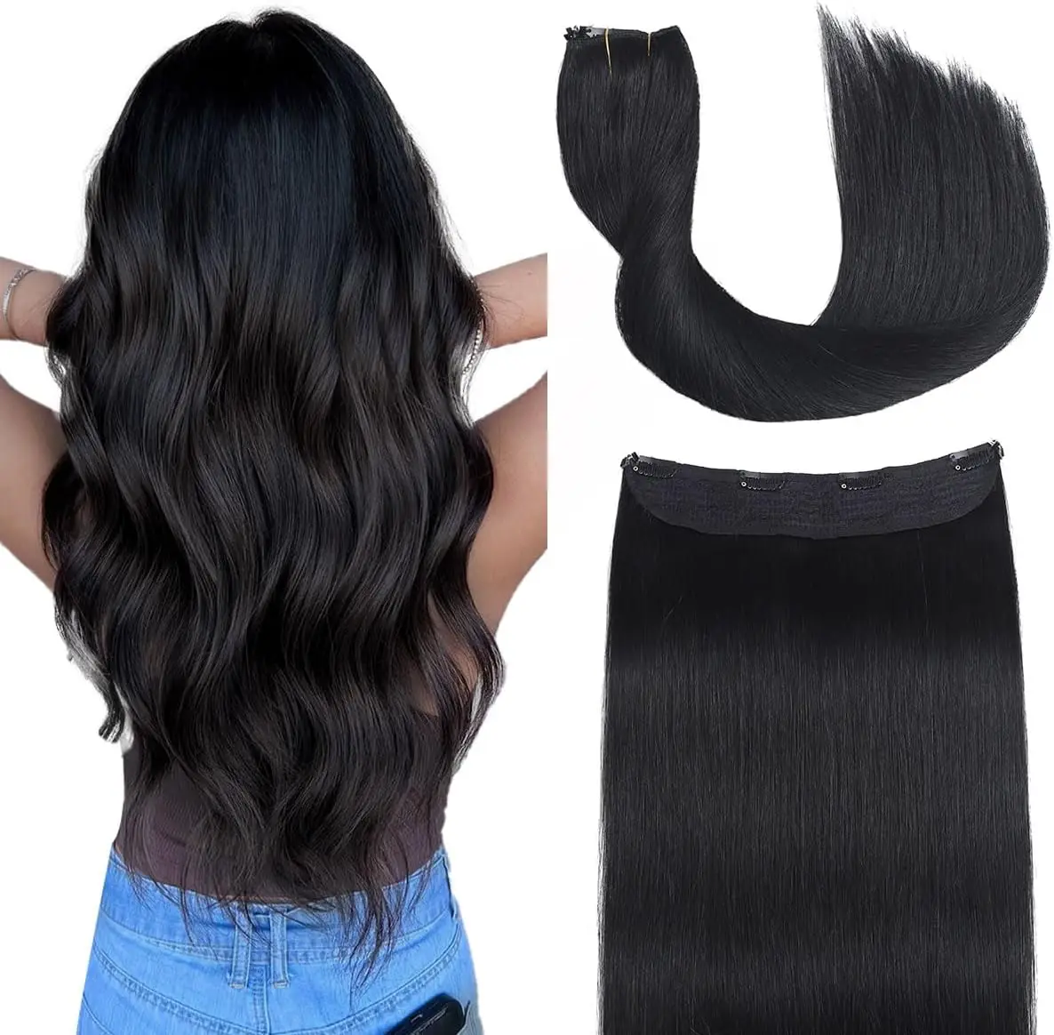 

Накладные пряди Halo Hair Extensions, прямые, 14-22 дюйма, из натуральных волос Реми, невидимая нить, с 4 клипсами