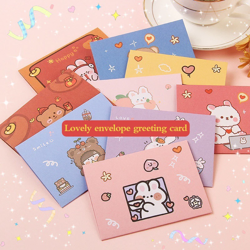 10PCS Cute Cartoon Gift Card Folded Envelope Greeting Card Holiday Wishes Thank You Gift Message Confession